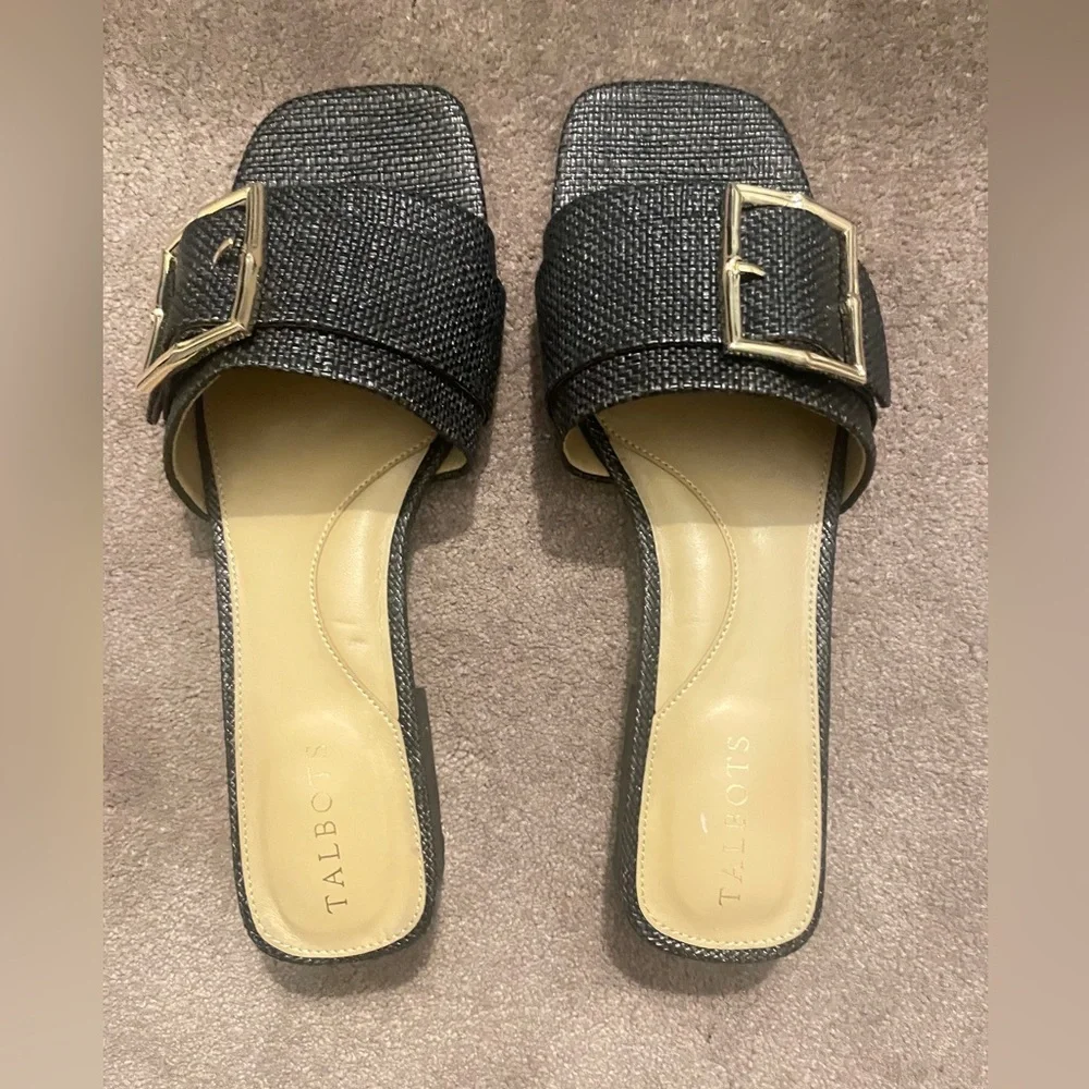 Talbots Black Slide Sandals with Gold Buckles - Picture 1 of 3